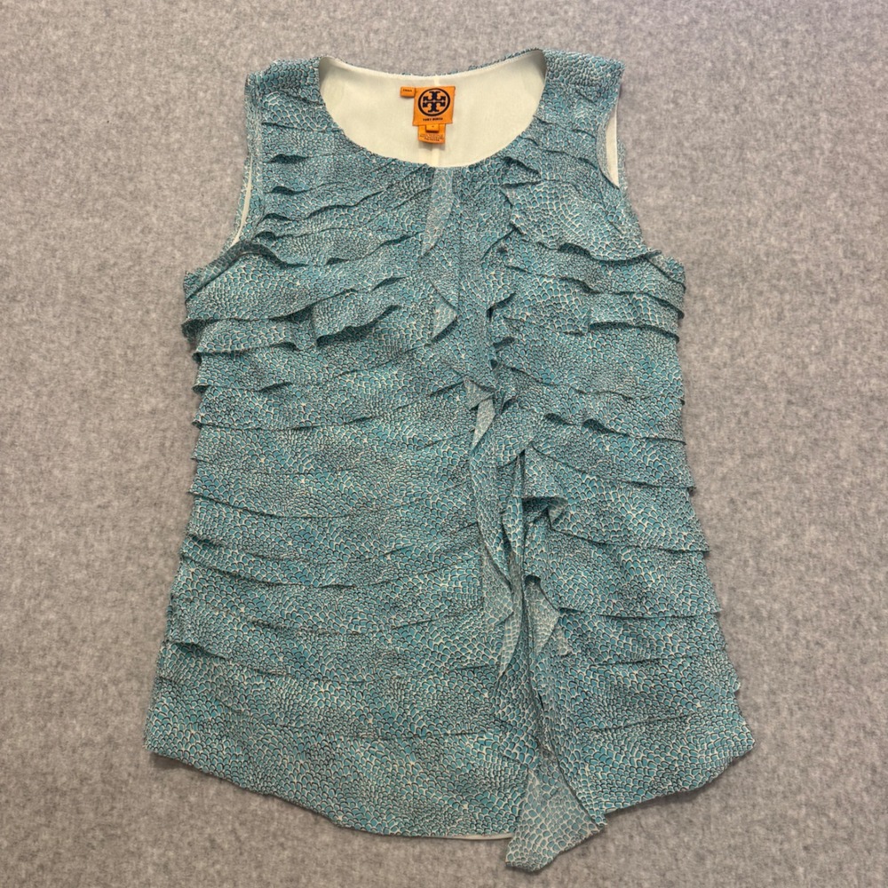 Tory Burch Blue White Scale Print Ruffle Silk Sleeveless‎ Blouse Top Womens 8